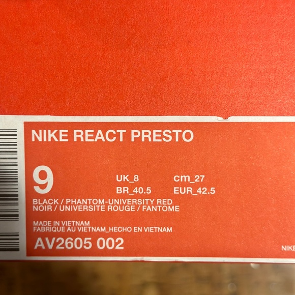 Nike React Presto Chatty Matador Black Red 2019 Mens Shoes Size 9 AV2605-002 - Picture 4 of 5